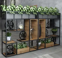 American iron art shelves, flower shelves, LOFT industrial style coffee shop decoration bookshelf, green plants, short screen