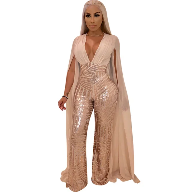 Kobiety szyfonowa, z wycięciem z długim rękawem kombinezon z cekinami Sexy V Neck Patchwork luźna szeroka nogawki Romper wieczorowe świecący kombinezon kombinezony