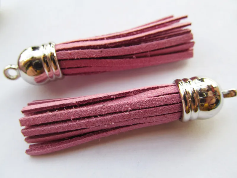 

Free Shipping 100Pcs 59mm Pink Purple Suede Leather Jewelry Tassel For Key Chains/ Cellphone Charms Top Plated End Caps Cord