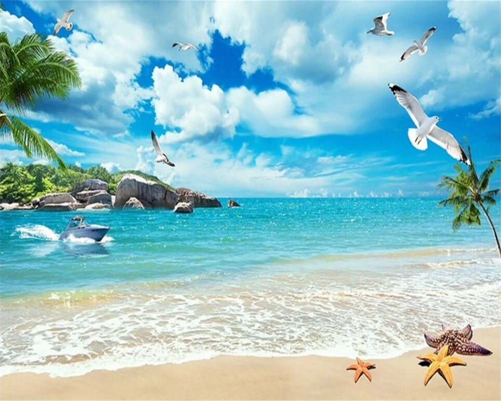 Beibehang Nature Beach Seagull Coconut Yacht Landscape Photo Wallpaper murals 3D Living Room TV Wall wallpaper for walls 3 d