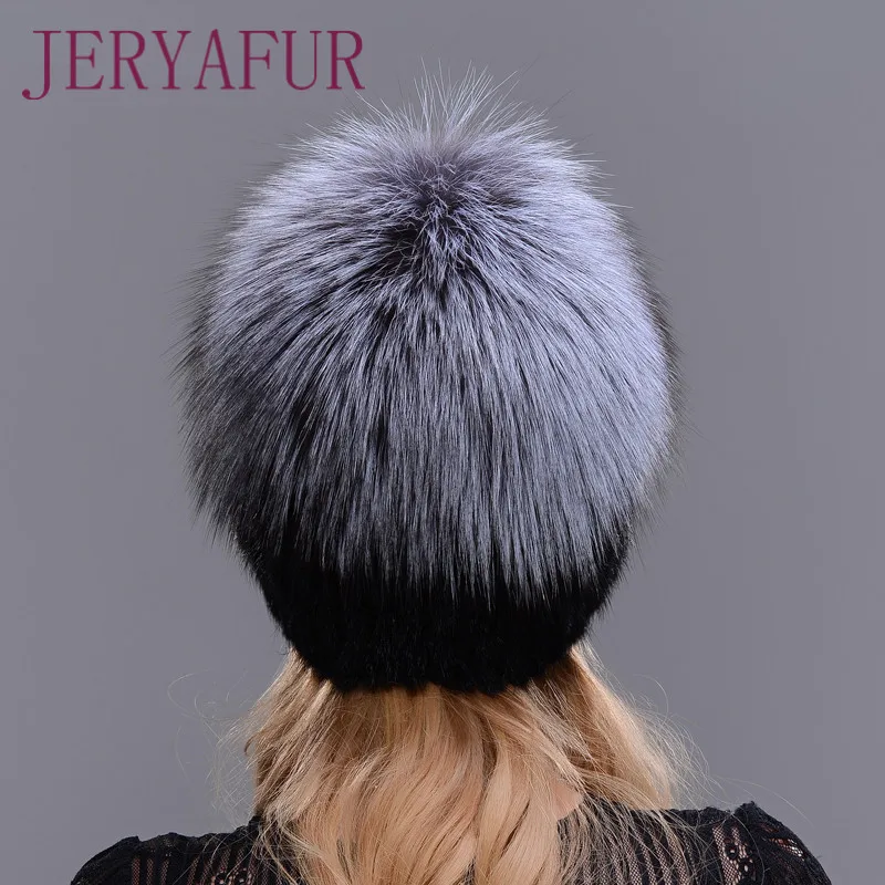 Hot Sale Fashion Mink Fox Hat Winter Warm Women Knitting Caps Mink Hats Vertical Weaving With FOX Fur On The Top