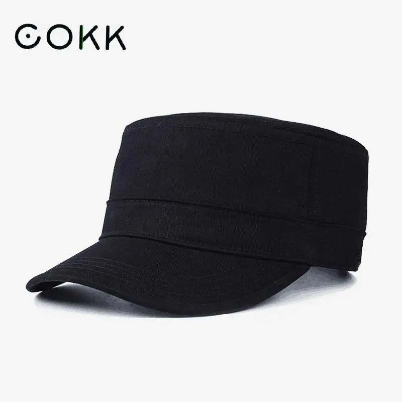 COKK Military Cap Hats For Men Women Cotton Solid Color Black Army Flat Cap Ladies Military Hats Adjustable Big Size Bone Male