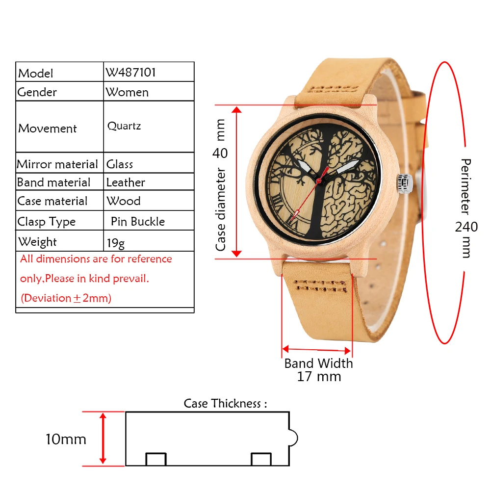 Women\'s Brown Leather Strap Wristwatch Quartz Wooden Watch Unique Maple Life Tree Patterns Dial Wooden Watch