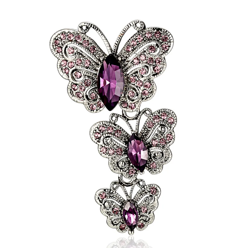 12pcs/lot wholesale  Antique Silver Vintage Butterfly Brooches For Women Party Gifts Noble Austrian Crystal Brooch Hijab Pins