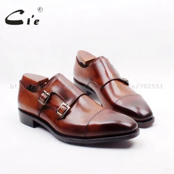 cie Square Cap Plain Toe Hand-Painted Brown Double Monk Straps 100% Genuine Calf Leather Italian Goodyear Welted  Men ShoeMS155