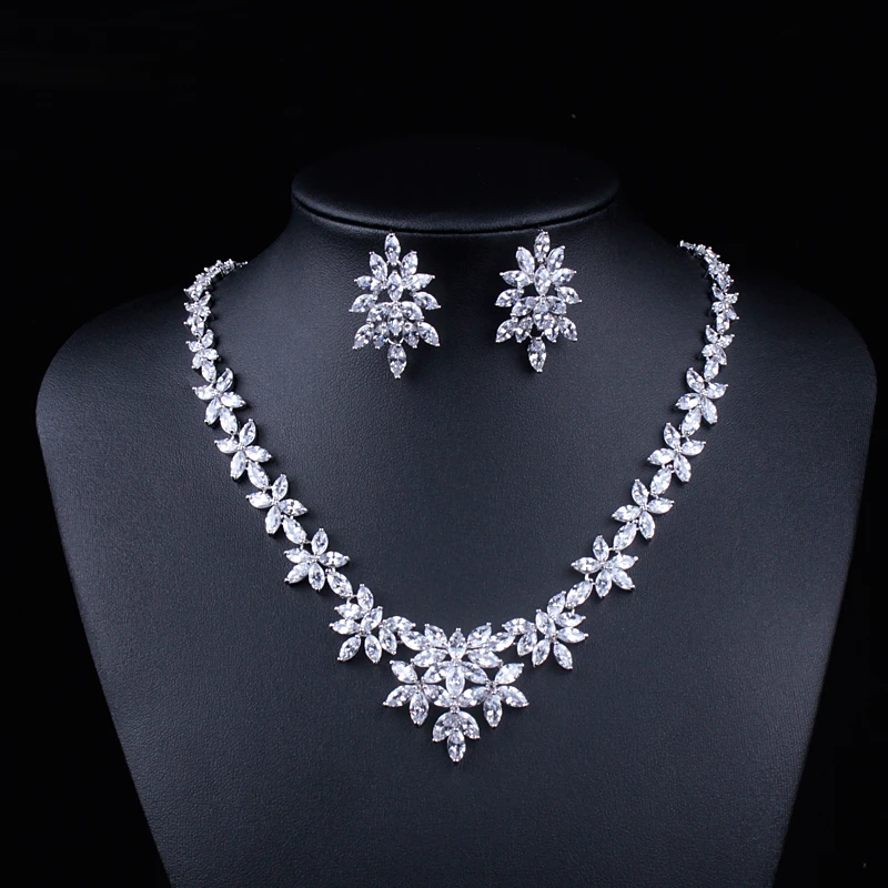 WEIMANJINGDIAN Brand Luxury Marquise Cut Cubic Zirconia Cluster Wedding Necklace and Earring Bridal Jewelry Set