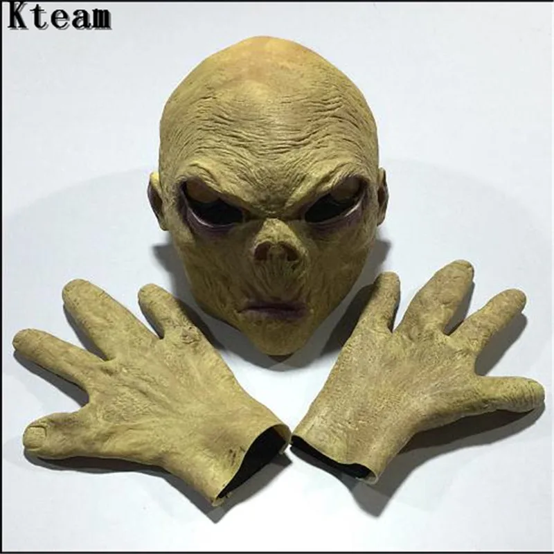 One Set Scary Alien Latex mask Gloves costumes Adult Party Costume Alien Head UFO Mask  Accessories Horror Zombie Face Mask Toys