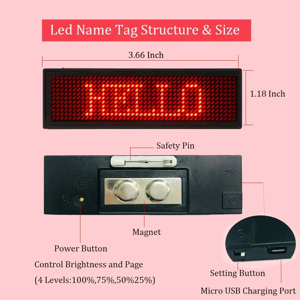 Insignia Led de desplazamiento roja, tarjeta de visita recargable, pantalla con imán, etiqueta de nombre LED, programable, 44x11