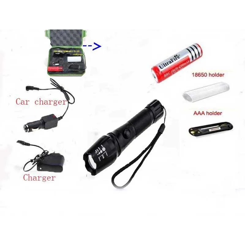 NEW E17 XML T6 3800 Lumens flashlight High Power LED Zoomable Torch light with 18650 Battery + Car Charger + charger + box