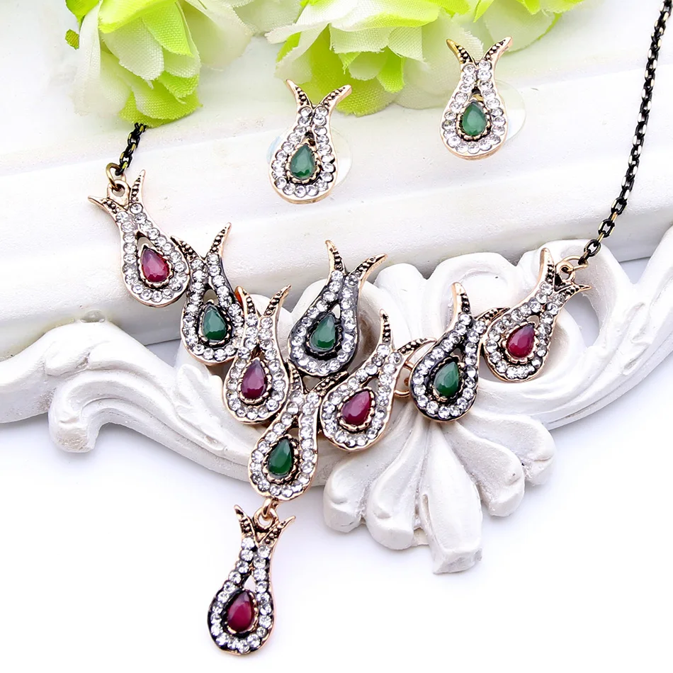 Sunspicems Vintage Turkey Bridal Flower Jewelry Sets Resin Earrings Tulips Flower Necklace Rhinestone Women Wedding Jewelry Sets