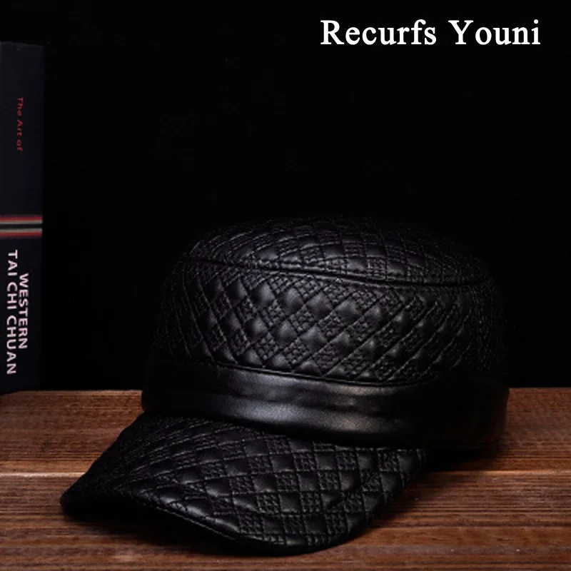 

RY128 NEW 2023 Winter Man Genuine Leather Embroider Flat Hat For Men Male Glen Check Alternate Stripe Black Leisure Caps