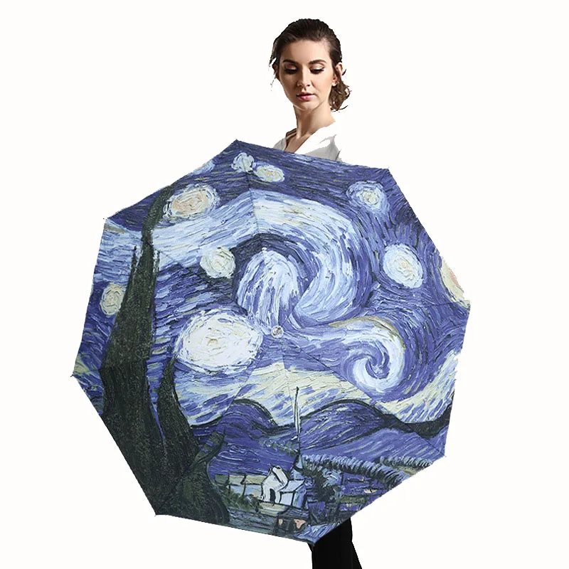 Van Gogh Oil Painting Umbrella Women Creative Starry Sky Arts Parasol Female Outdoor Travel Sun Umbrellas Girl Rain Umbrellas