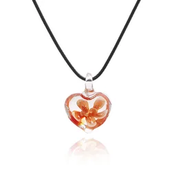 Fashion Heart Shape Art Murano Lampwork Glass Pendant Necklace with Orange Flowers Inside for Women Girls Summer Jewelry