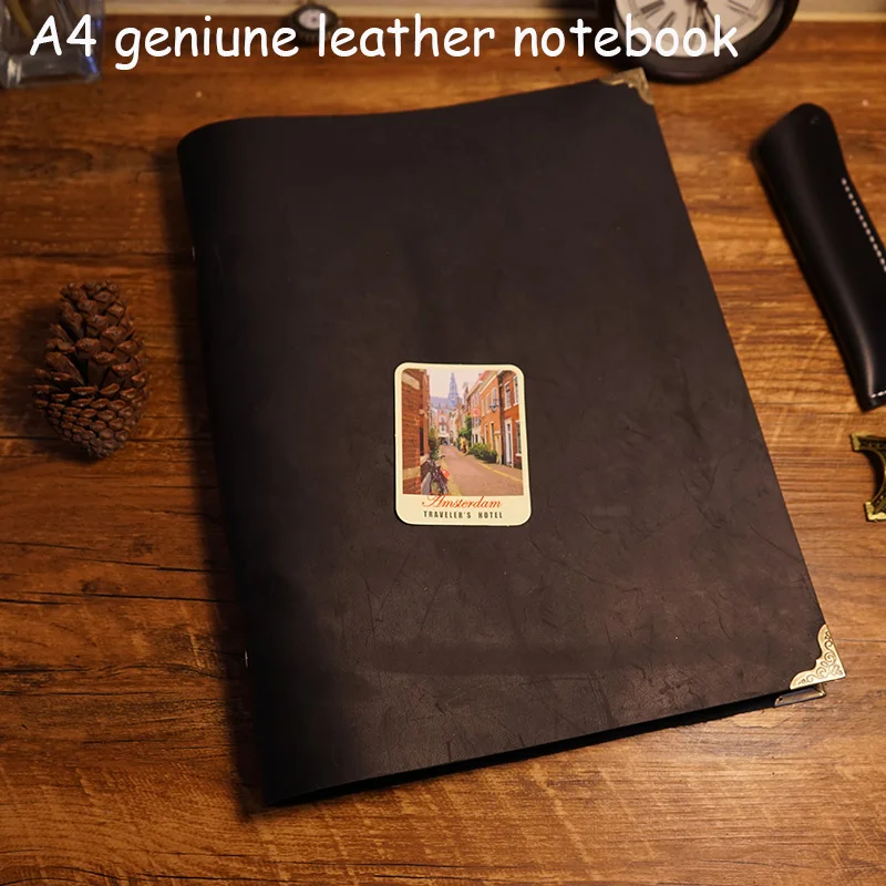 A4 size handmade notebook genuine leather cover travel journal filler kraft paper vintage black color school sppulies notebook