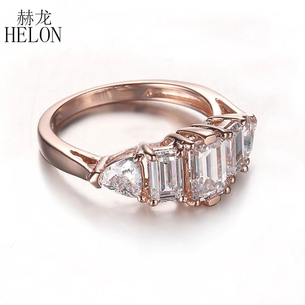 HELON Sterling Silver 925 Flawless AAA Graded Cubic Zirconia Emerald & Trillion Cut Three Stones Fine Wedding Ring Women Jewelry