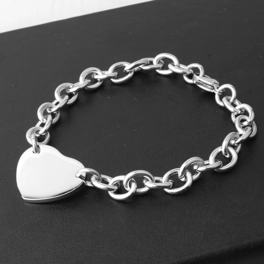 New Trendy 316L Stainless Steel Silver Color Charms Heart Accessory Rolo Oval Chain Women Girl Bracelet Bangle 8\