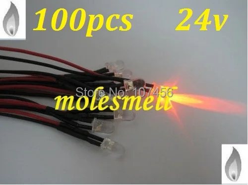 

Free shipping 100pcs 5mm orange Flicker 24V Pre-Wired Water Clear LED Leds Candle orange Light 20CM