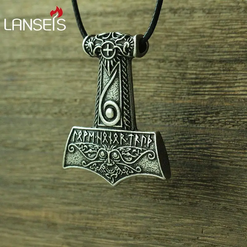 

lanseis 10pcs viking men necklace Mjolnir pendant Thor's hammer Norse God jewelry Maxine Miller runes Wiccan pendant