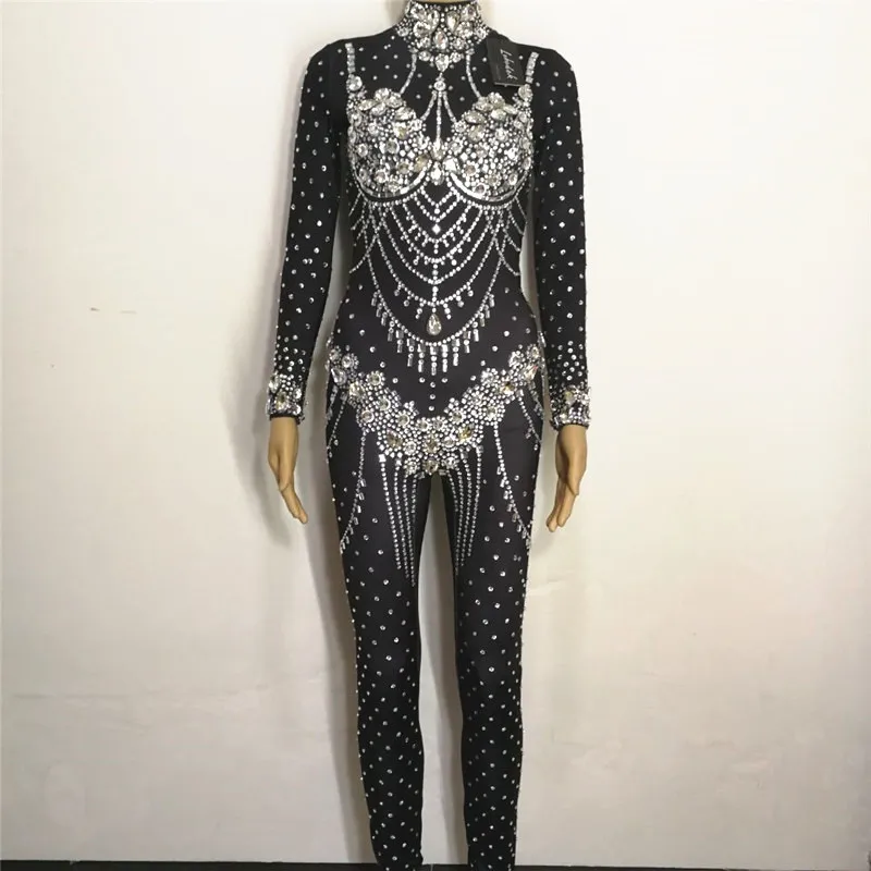 Black Sparkling Crystals Rhinestones Jumpsuit Nightclub Occident Bar singer DJ female Costume Sexy dancer stage performance suit