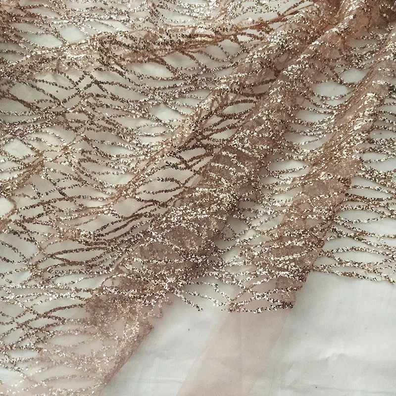 French Art Curved Lace Sequins Net Fabric, Shiny Party Dress Mesh Fabric, DIY Sewing Accessories, Champagne Gold, 360 cm