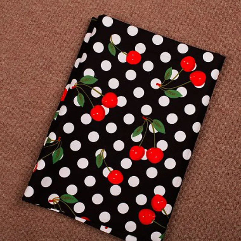 Classic Big Black White Polka Dot & Red Cherry Printed Cotton Spandex Fabric For DIY Sewing 50x140cm