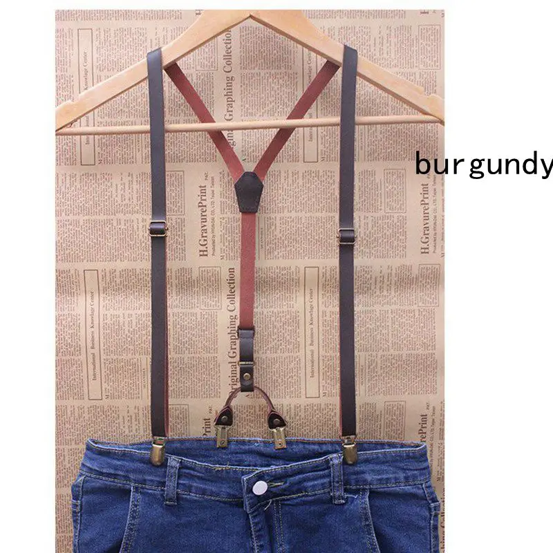 Yienws Kulit Asli Suspender untuk Pria Wanita Coklat Vintage Wanita dengan 4 Klip Perunggu Celana Suspender Bretelles YiA150