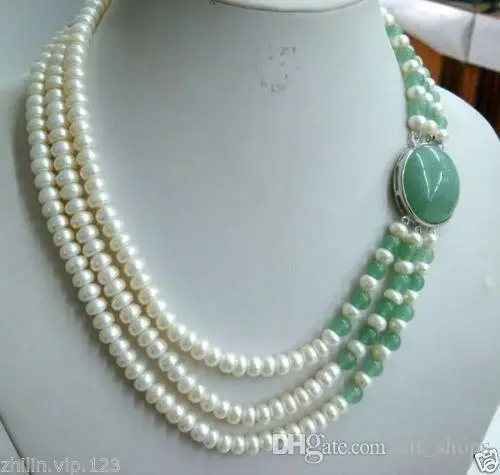 

Charming Women's Jewelry 3 row white freshwater pearl jadeite necklace