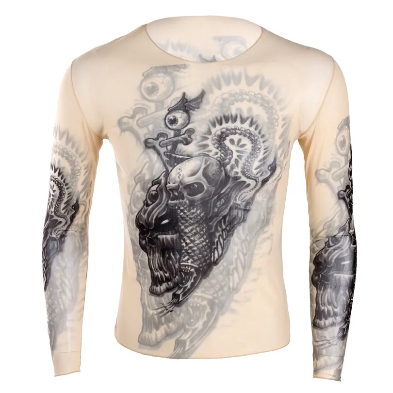 TiaoBug Soft O-Neck See Through Long Sleeve Fake Tattoo Design Elastic Sexy Men T-Shirt Male Fancy Party Costume