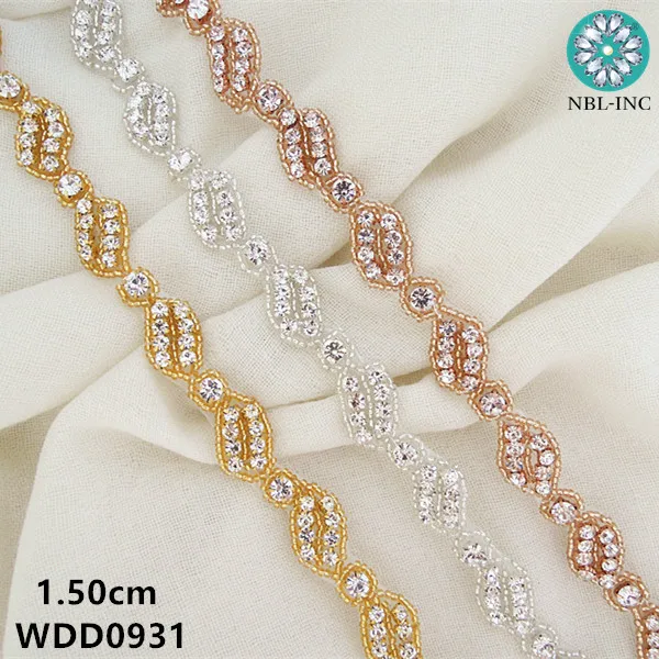 (10 yards) Customized wholesale bridal beaded silver gold crystal Rhinestone Applique Trim iron on for wedding dress WDD0931