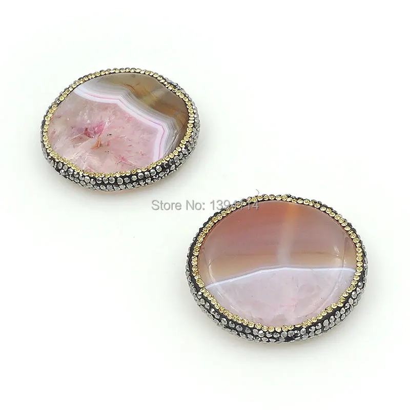 Natural Stripe Agate Pave CZ Round Oblaten Bead Fit For Making Bracelets Or Necklaces JewelryApprox 35*35*5mm