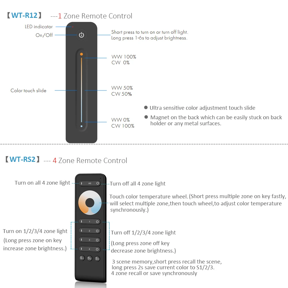 LED Dimmer Switch CCT 12V 24V 36V RF Wireless 2.4G Remote Smart Wifi 2CH WW CW LED Controller for CT Single Color LED Strip V2-L