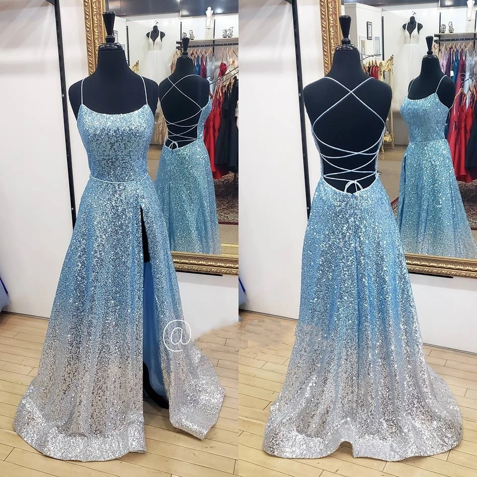 Vestidos de fiesta largos elegantes de gala 2019, vestidos de fiesta de lentejuelas brillantes con degradado, corte en A, Sexy con abertura y encaje en la espalda, hechos A medida