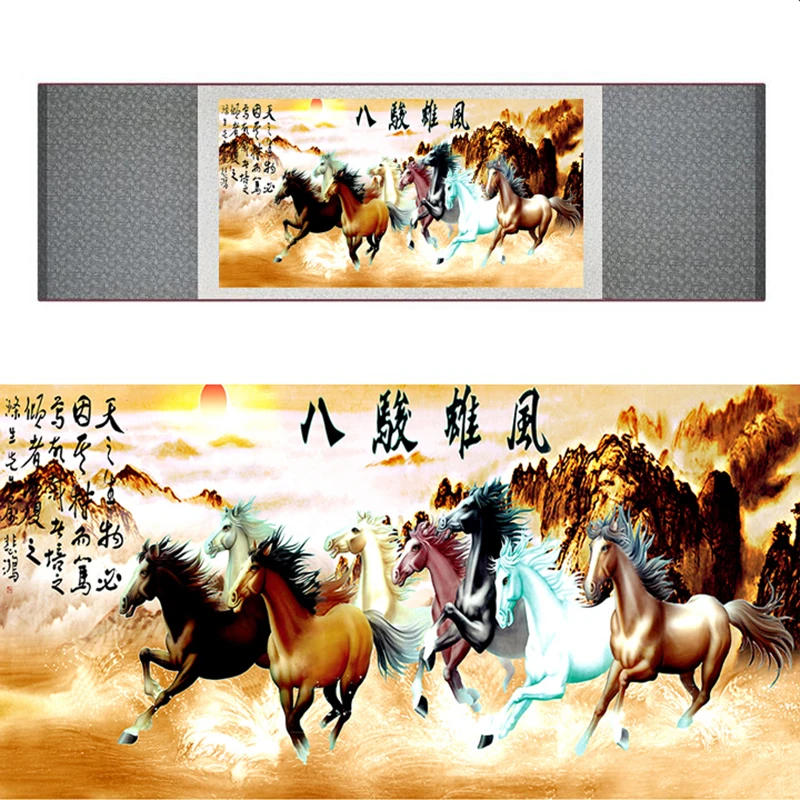 

top quality Chinese Horse silk painting Horse art painting Silk scroll art painting eight horse painting19062706