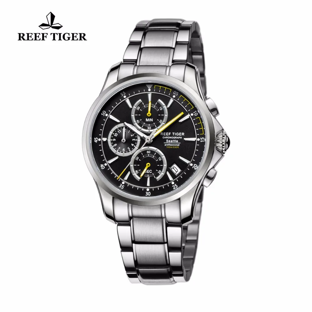 Reef Tiger/RT Watches Casual Sport Watches with Super Luminous Men\'s Chronograph Stop Watch with Date Steel Quartz Watch RGA1663