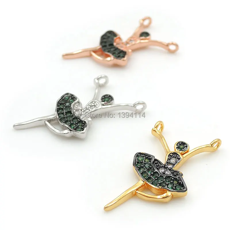 

25*13*2mm Micro Pave Green&Clear CZ Ballet Charm Of Double Circles Fit For Women As Necklaces Accessory
