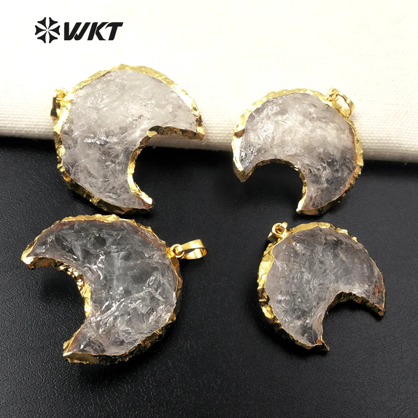 WT-P1302 Wholesale Fashion Natural Crystal Stone Pendant Moon Shape With Gold Plated For Women Jewelry Making About30*40MM