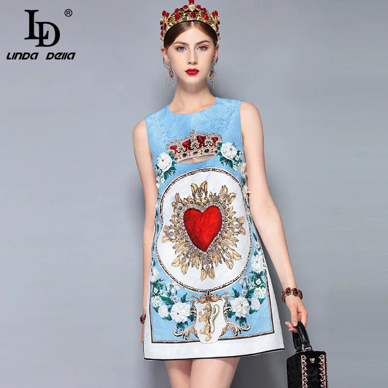 LD LINDA DELLA-Women's Sleeveless Casual Dress, Flower Appliques, Crystal Beading, Elegant, Runway, Summer, New, 2021