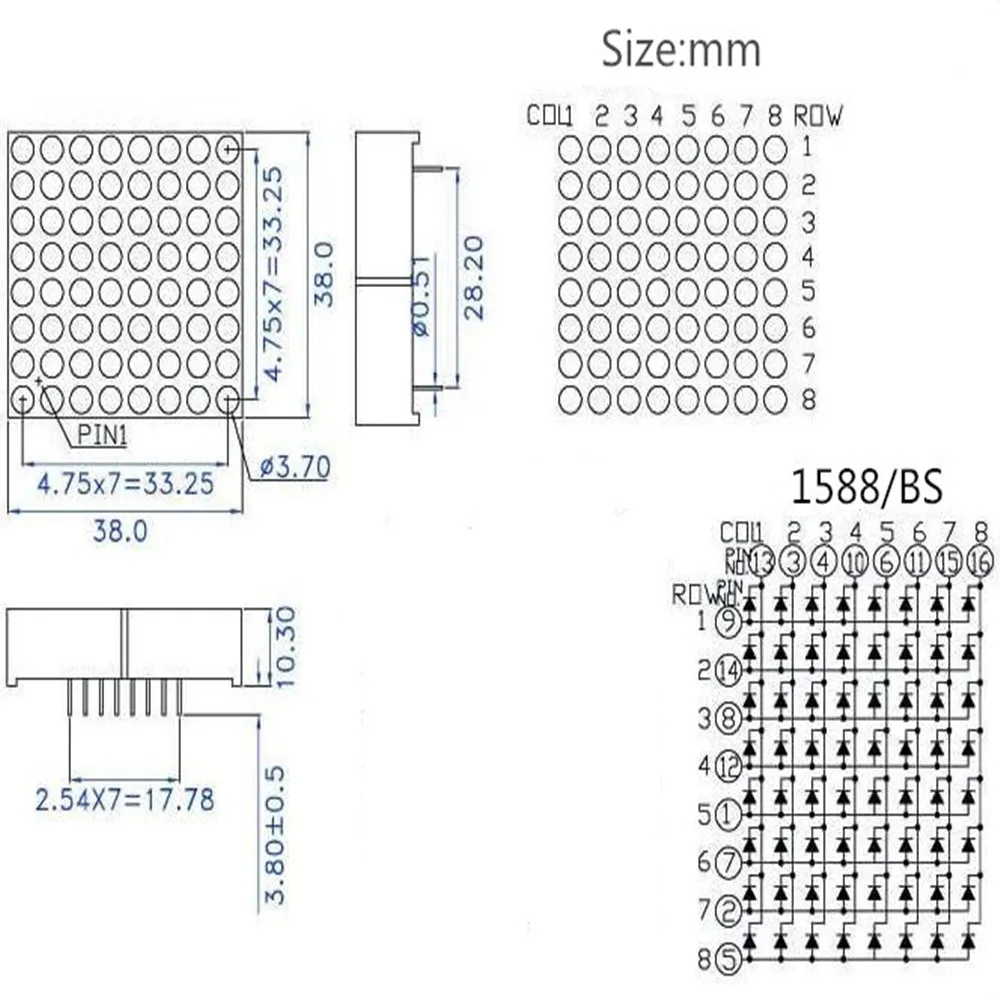 Ledマトリックスモジュール8x 8 8x8,3mm,明るい赤