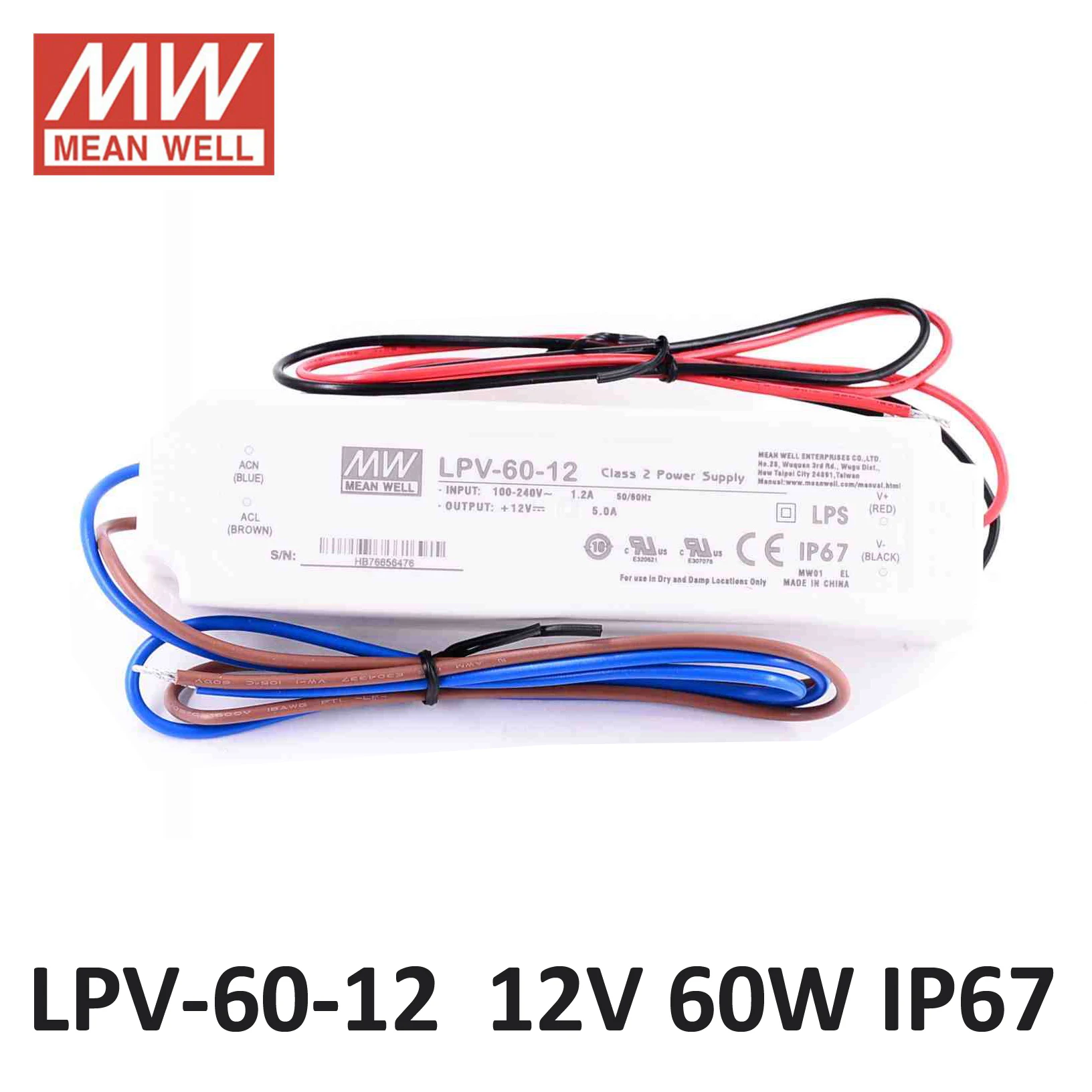 

Meanwell Водонепроницаемый источник питания 12 В 24 В LPV-60 Вт 48 В UL Блок питания 60 Вт 15 В 36 В 5 В Источник питания для светодиодного экрана IP67 Драйвер для светодиодного освещения
