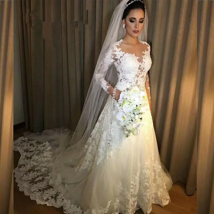 

Vestidos de Noiva A Line Lace Wedding Dress 2019 See Through Back Sexy Long Sleeves Wedding Dresses Robe De Mariage Bridal Gowns