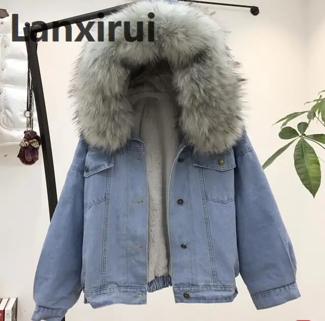 Winter Women Jean Jacket Coat Faux Fur Collar Fleece Hooded Jacket Lamb Fur Cashmere Cowgirls Padded Denim Coat