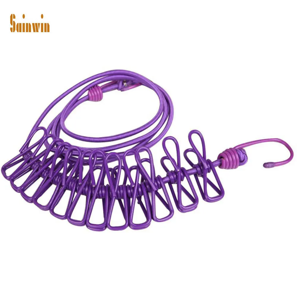 Sainwin 185cm 12clip Multifunctional Drying Rack Clips Cloth Hangers Steel Clothes Line Pegs Clothespins Anti-slip Clip