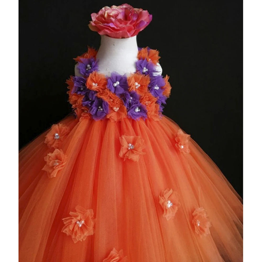 Orange and Purple Flower Girl Tutu Dress Orange Girl Dress Kids Baby Party Birthday Tutu Dress Great for holiday portraits PT129