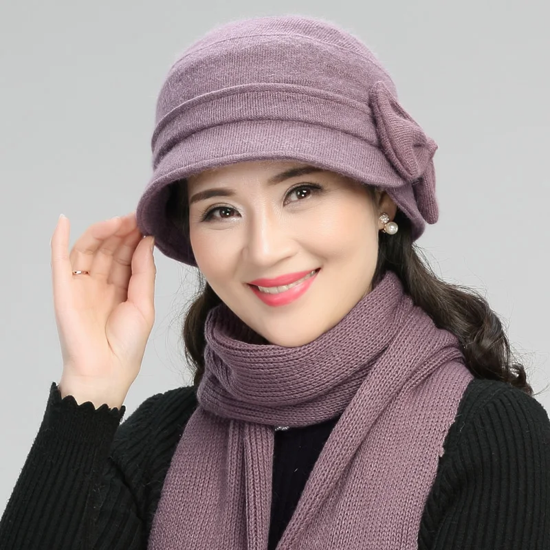 Middle-aged Mother Hat Female Autumn Winter Rabbit Wool Cap Lady Warm Grandma Scarf Women Fashion Elegant Bowknot Hats H7166