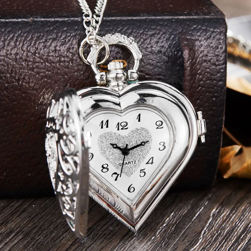 Silver Hollow Heart-shaped Quartz Pocket Watch Necklace Pendant Chain Women Honey Girl Friend Lover's Gift  Reloj de bolsillo