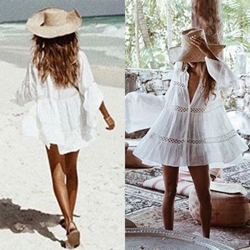 Boho Women Bikini Cover-Up White Hollow Long Sleeve Beach Dress Plus Size Loose Swimwear Beachwear Flare Sleeve White Cover Up