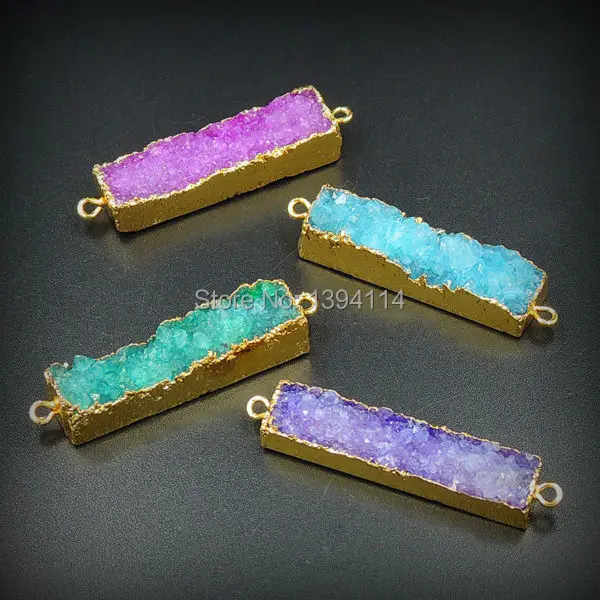 Mixed Colors Crystal Druzy Bar Connector With Side Gold-plated Approx 40*10mm