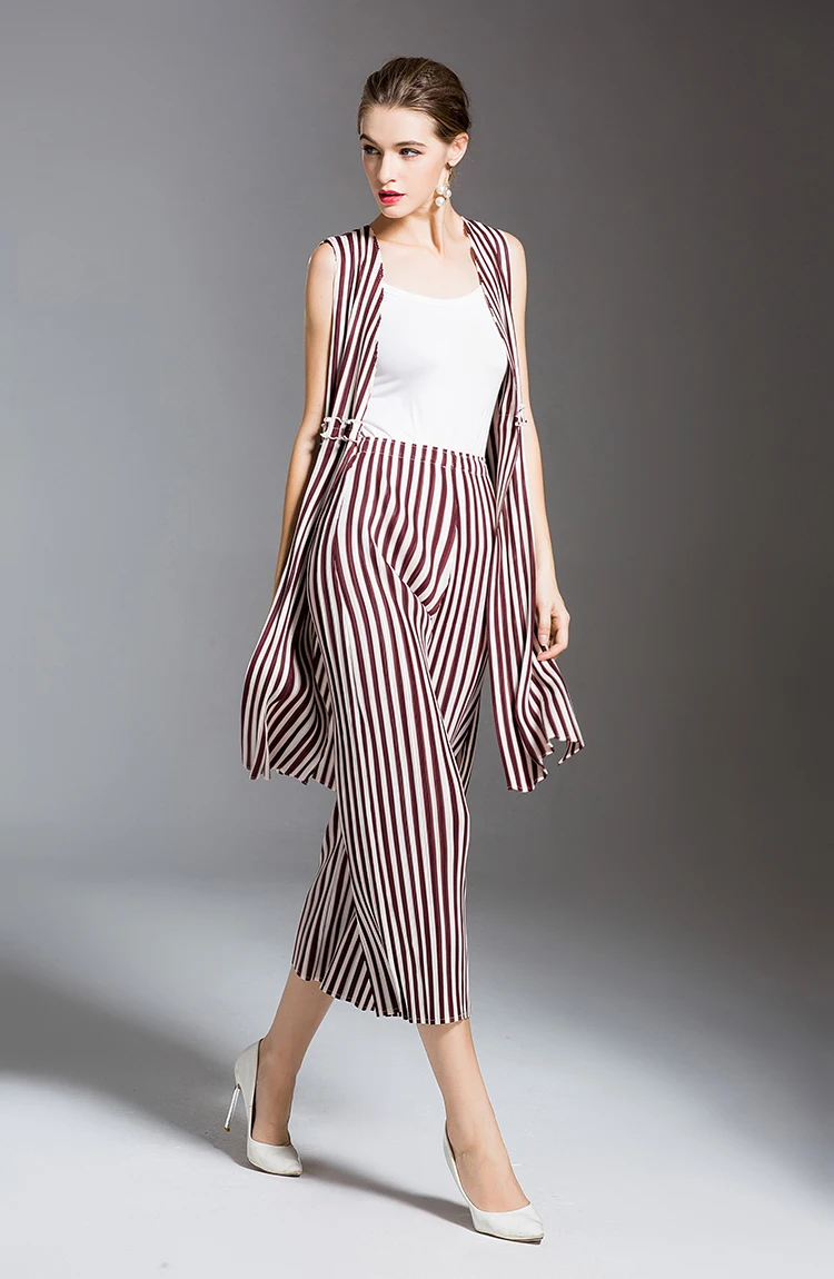 

HOT SELLING Miyake Beauty fashion fold show thin fold striped pants female foot trousers straight pants IN STOCK