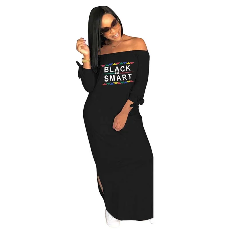 Africa Clothing Autumn Women Sexy Casual Strapless Side Split Long Sleeve Long Dress Loose Letter printing Plus Size S-XXXL