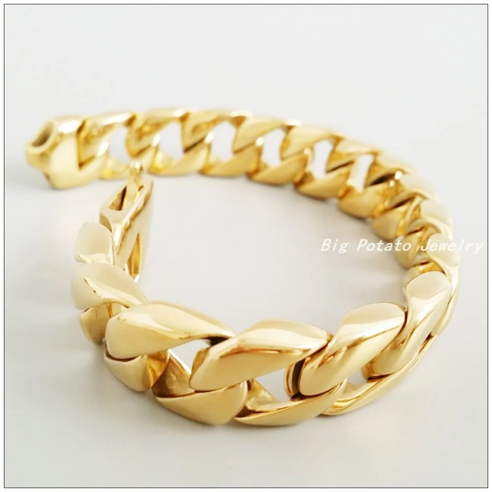 22cm*15mm New Fashion Bright Color Jewelry 316L Stainless Steel Gold  Men\'s&Boy\'s Bracelets Bangles,Perfect Technology